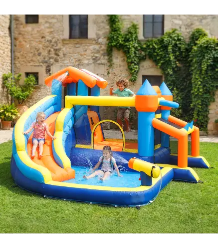 Castillo Hinchable Acuático 8 en 1 con Soplador 550W Tobogán Trampolín Escalada Piscina Portería Canasta Lanzamiento
