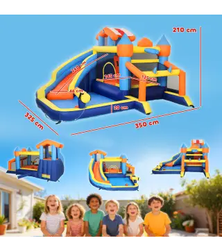 Castillo Hinchable Acuático 8 en 1 con Soplador 550W Tobogán Trampolín Escalada Piscina Portería Canasta Lanzamiento