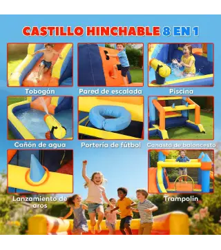 Castillo Hinchable Acuático 8 en 1 con Soplador 550W Tobogán Trampolín Escalada Piscina Portería Canasta Lanzamiento