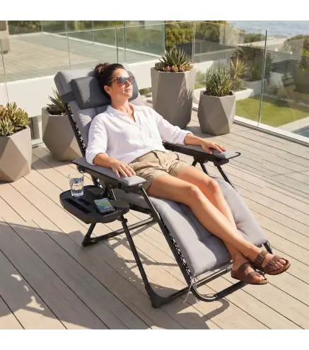 Silla de Gravedad Cero Tumbona Plegable y Reclinable Ajustable con Reposabrazos Reposacabezas Portavasos Gris Claro