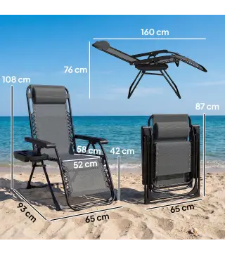 Silla de Gravedad Cero Tumbona Plegable y Reclinable Ajustable con Reposabrazos Reposacabezas Portavasos Gris Claro