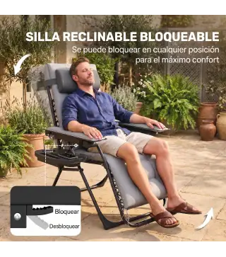 Silla de Gravedad Cero Tumbona Plegable y Reclinable Ajustable con Reposabrazos Reposacabezas Portavasos Gris Claro
