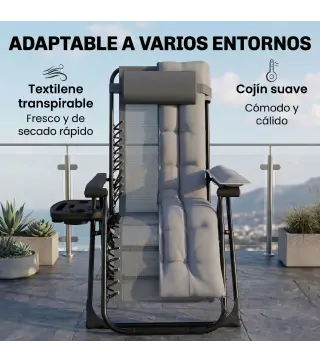 Silla de Gravedad Cero Tumbona Plegable y Reclinable Ajustable con Reposabrazos Reposacabezas Portavasos Gris Claro