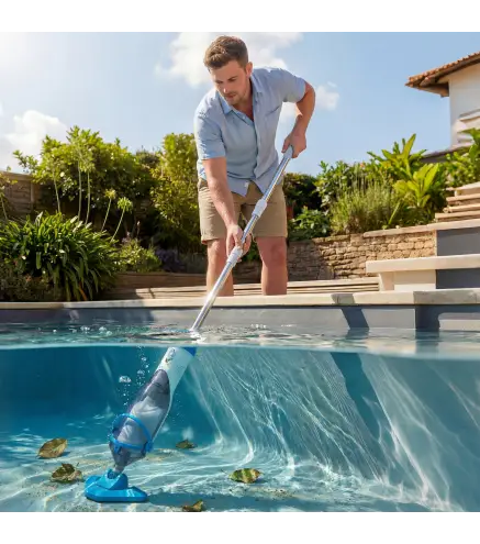 Limpiafondos de Piscina Manual Inalámbrica con Cepillo y Barra Ajustable de 63-150 cm para Piscinas Pequeñas Azul