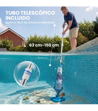 Limpiafondos de Piscina Manual Inalámbrica con Cepillo y Barra Ajustable de 63-150 cm para Piscinas Pequeñas Azul