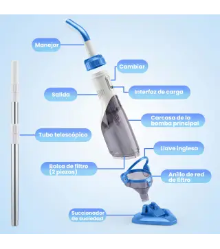 Limpiafondos de Piscina Manual Inalámbrica con Cepillo y Barra Ajustable de 63-150 cm para Piscinas Pequeñas Azul