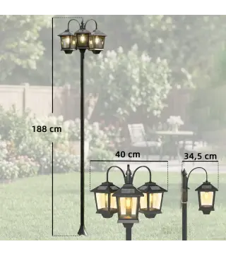 Farola Solar Exterior de Jardín de Aluminio con 3 Cabezales con Encendido/Apagado Automático IP44 40x34,5x188 cm Negro