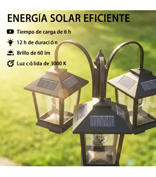 Farola Solar Exterior de Jardín de Aluminio con 3 Cabezales con Encendido/Apagado Automático IP44 40x34,5x188 cm Negro
