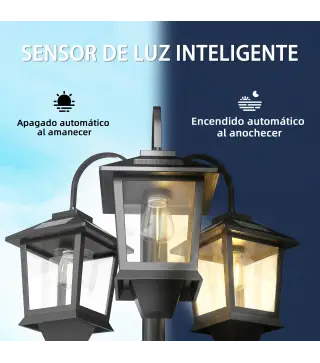 Farola Solar Exterior de Jardín de Aluminio con 3 Cabezales con Encendido/Apagado Automático IP44 40x34,5x188 cm Negro