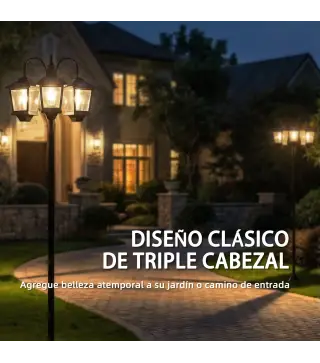 Farola Solar Exterior de Jardín de Aluminio con 3 Cabezales con Encendido/Apagado Automático IP44 40x34,5x188 cm Negro