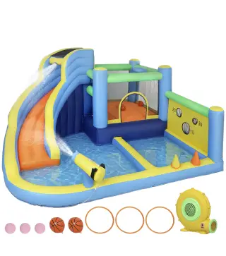 Castillo Hinchable Acuático 8 en 1 con Soplador 550W Tobogán Trampolín Escalada Piscinas Canasta Lanzamiento de Aros