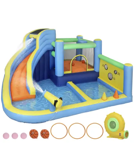 Castillo Hinchable Acuático 8 en 1 con Soplador 550W Tobogán Trampolín Escalada Piscinas Canasta Lanzamiento de Aros