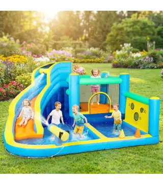 Castillo Hinchable Acuático 8 en 1 con Soplador 550W Tobogán Trampolín Escalada Piscinas Canasta Lanzamiento de Aros