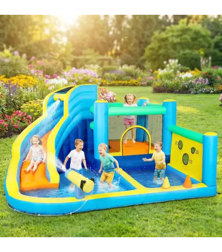 Castillo Hinchable Acuático 8 en 1 con Soplador 550W Tobogán Trampolín Escalada Piscinas Canasta Lanzamiento de Aros
