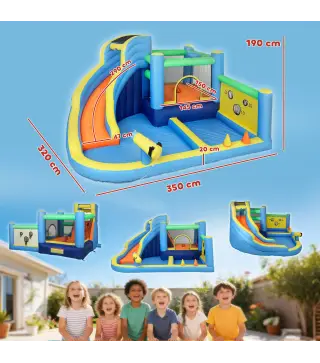 Castillo Hinchable Acuático 8 en 1 con Soplador 550W Tobogán Trampolín Escalada Piscinas Canasta Lanzamiento de Aros