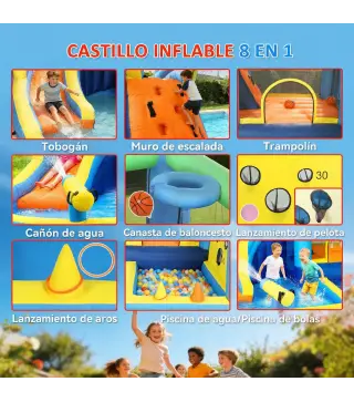 Castillo Hinchable Acuático 8 en 1 con Soplador 550W Tobogán Trampolín Escalada Piscinas Canasta Lanzamiento de Aros
