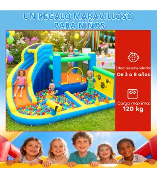 Castillo Hinchable Acuático 8 en 1 con Soplador 550W Tobogán Trampolín Escalada Piscinas Canasta Lanzamiento de Aros