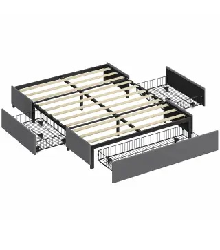 Cama Doble 140x190 cm Somier con 3 Cajones y Estructura de Metal Carga 363 kg Gris