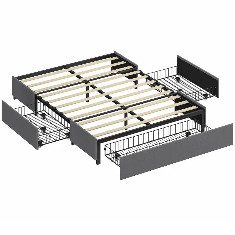 Cama Doble 140x190 cm Somier con 3 Cajones y Estructura de Metal Carga 363 kg Gris