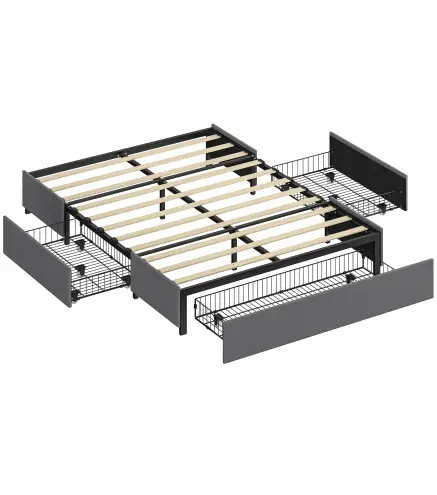 Cama Doble 140x190 cm Somier con 3 Cajones y Estructura de Metal Carga 363 kg Gris