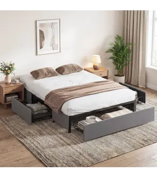 Cama Doble 140x190 cm Somier con 3 Cajones y Estructura de Metal Carga 363 kg Gris