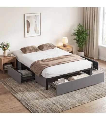 Cama Doble 140x190 cm Somier con 3 Cajones y Estructura de Metal Carga 363 kg Gris