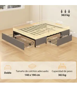 Cama Doble 140x190 cm Somier con 3 Cajones y Estructura de Metal Carga 363 kg Gris