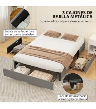Cama Doble 140x190 cm Somier con 3 Cajones y Estructura de Metal Carga 363 kg Gris