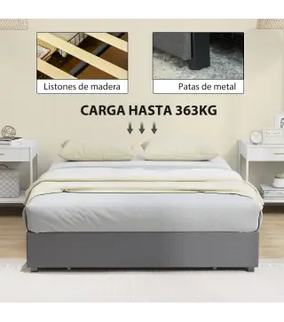 Cama Doble 140x190 cm Somier con 3 Cajones y Estructura de Metal Carga 363 kg Gris