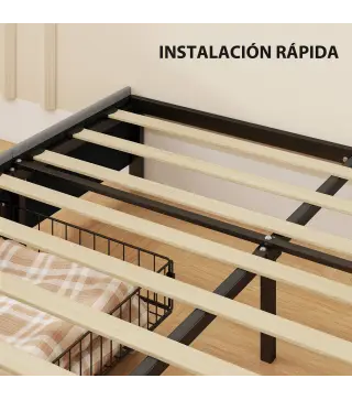 Cama Doble 140x190 cm Somier con 3 Cajones y Estructura de Metal Carga 363 kg Gris