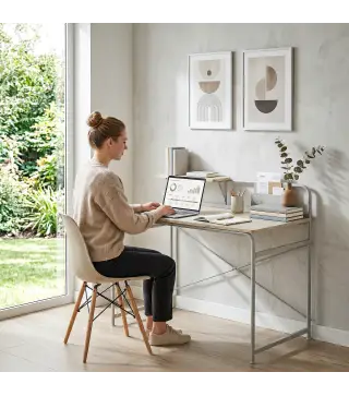 Mesa de Escritorio Moderno con Estante y Estructura de Metal Fácil Montaje 98x48x88,5 cm Roble