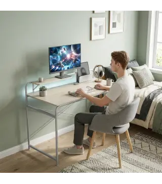 Mesa de Escritorio Moderno con Estante y Estructura de Metal Fácil Montaje 98x48x88,5 cm Roble