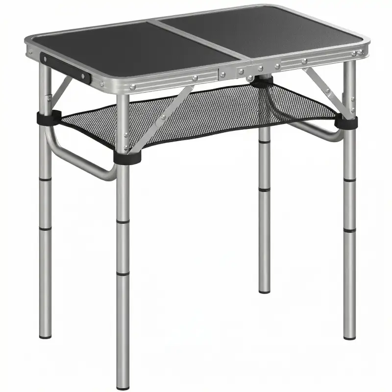 Mesa Plegable Camping 60x40x60 cm con Altura Ajustable en 4 Niveles Red de Almacenamiento Marco de Aluminio Negro