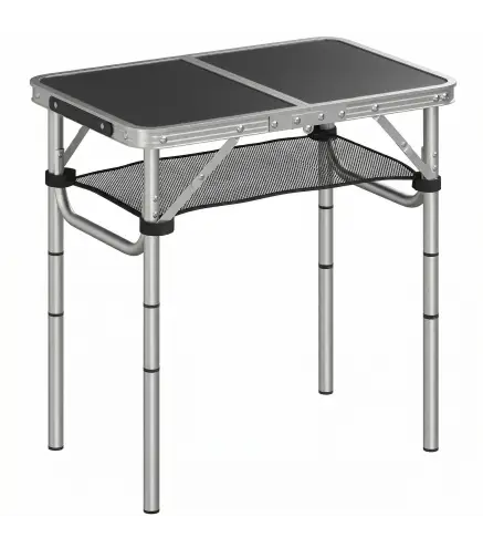 Mesa Plegable Camping 60x40x60 cm con Altura Ajustable en 4 Niveles Red de Almacenamiento Marco de Aluminio Negro