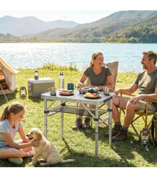 Mesa Plegable Camping 60x40x60 cm con Altura Ajustable en 4 Niveles Red de Almacenamiento Marco de Aluminio Negro