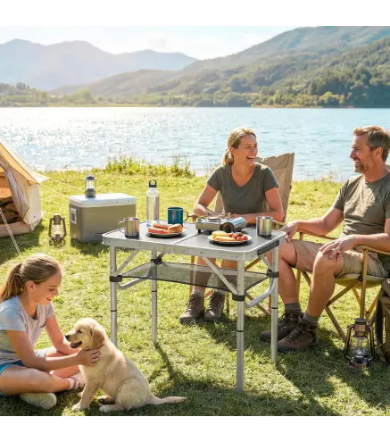 Mesa Plegable Camping 60x40x60 cm con Altura Ajustable en 4 Niveles Red de Almacenamiento Marco de Aluminio Negro