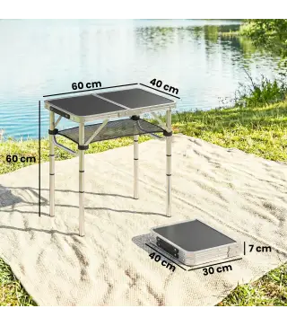 Mesa Plegable Camping 60x40x60 cm con Altura Ajustable en 4 Niveles Red de Almacenamiento Marco de Aluminio Negro