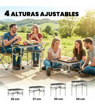 Mesa Plegable Camping 60x40x60 cm con Altura Ajustable en 4 Niveles Red de Almacenamiento Marco de Aluminio Negro