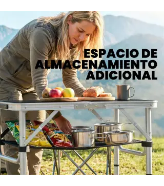 Mesa Plegable Camping 60x40x60 cm con Altura Ajustable en 4 Niveles Red de Almacenamiento Marco de Aluminio Negro