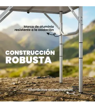 Mesa Plegable Camping 60x40x60 cm con Altura Ajustable en 4 Niveles Red de Almacenamiento Marco de Aluminio Negro