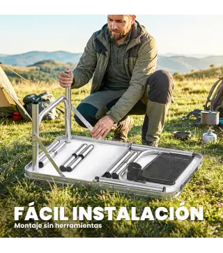 Mesa Plegable Camping 60x40x60 cm con Altura Ajustable en 4 Niveles Red de Almacenamiento Marco de Aluminio Negro