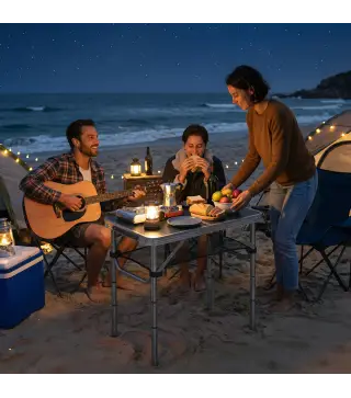 Mesa Plegable Camping 60x40x60 cm con Altura Ajustable en 4 Niveles Red de Almacenamiento Marco de Aluminio Negro