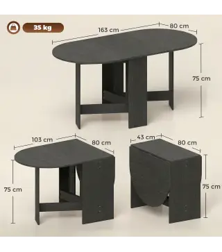 Mesa de Cocina Plegable con Alas Abatibles Mesa de Cocina Plegable de Forma Ovalada Estilo Moderno 163x80x75 cm Negro