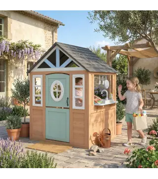 Casita Infantil Exterior e Interior de Madera con Puerta para Mascotas Cocina de Juguete Media Puerta Madera Natural