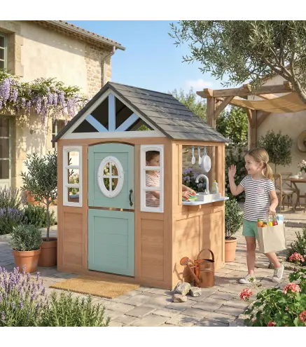 Casita Infantil Exterior e Interior de Madera con Puerta para Mascotas Cocina de Juguete Media Puerta Madera Natural