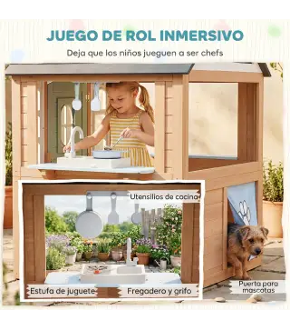 Casita Infantil Exterior e Interior de Madera con Puerta para Mascotas Cocina de Juguete Media Puerta Madera Natural