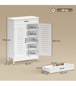 Armario para Zapatos con Puertas de Rejilla Cajón y Estantes Ajustables para 20 Pares de Zapatos 78x37x115,8 cm Blanco