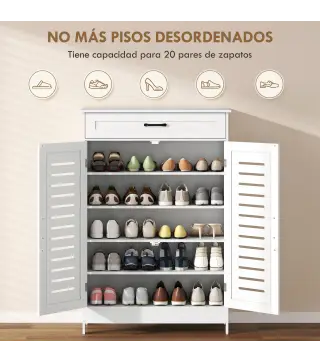 Armario para Zapatos con Puertas de Rejilla Cajón y Estantes Ajustables para 20 Pares de Zapatos 78x37x115,8 cm Blanco