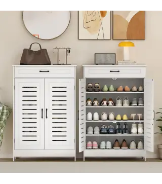 Armario para Zapatos con Puertas de Rejilla Cajón y Estantes Ajustables para 20 Pares de Zapatos 78x37x115,8 cm Blanco