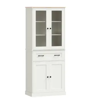 Mueble Auxiliar de Cocina con 2 Puertas de Acrílico Cajón Grande Estantes Ajustables 76x40x182,5 cm Crema
